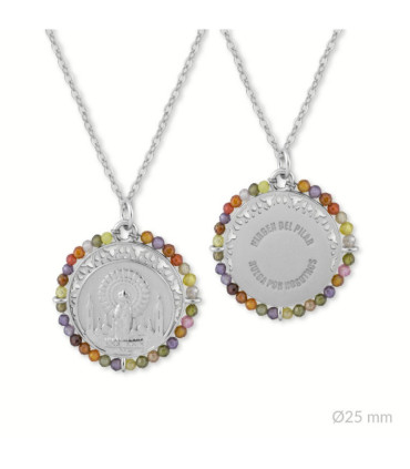 Medalla de la Virgen del Pilar Reversible con cadena de Plata de primera ley y piedras colores